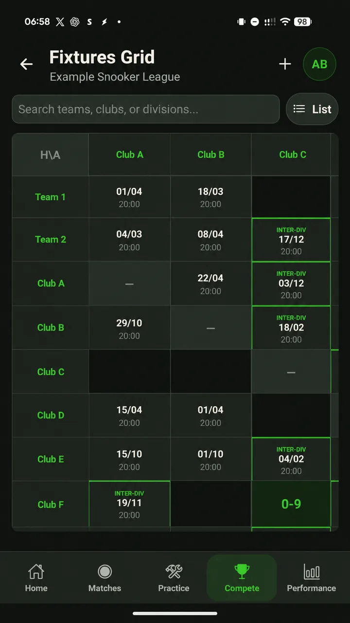 Season fixtures displayed as a grid of team pairings