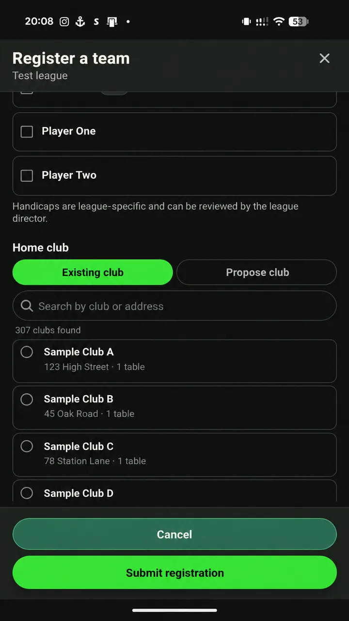 Registration form showing home club selection and Submit registration
