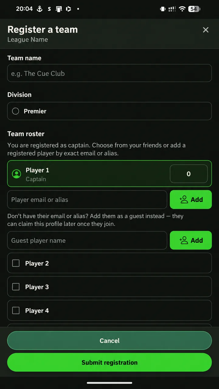 Register a team form showing team name, division and roster